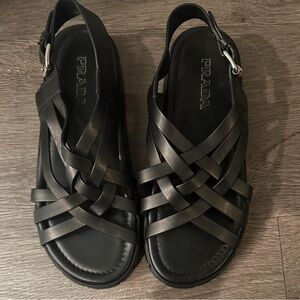 Authentic PRADA flat form, sling back caged leather sandals.